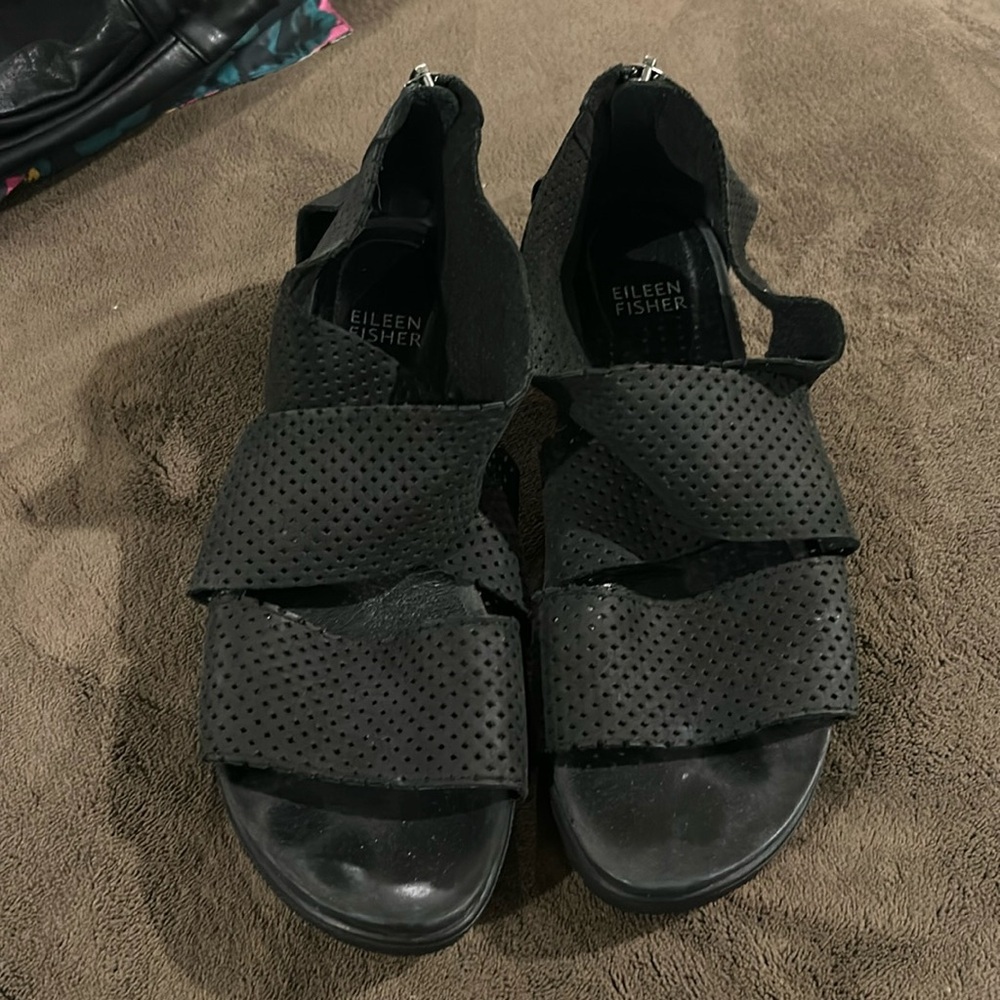 EILEEN FISHER Size 8 Sport Platform Wedge Sandals Gray White Nubuck Perforated